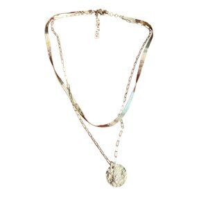 Gold Tone Layered Chain Necklace Herringbone Chain Link Textured Round Pendant